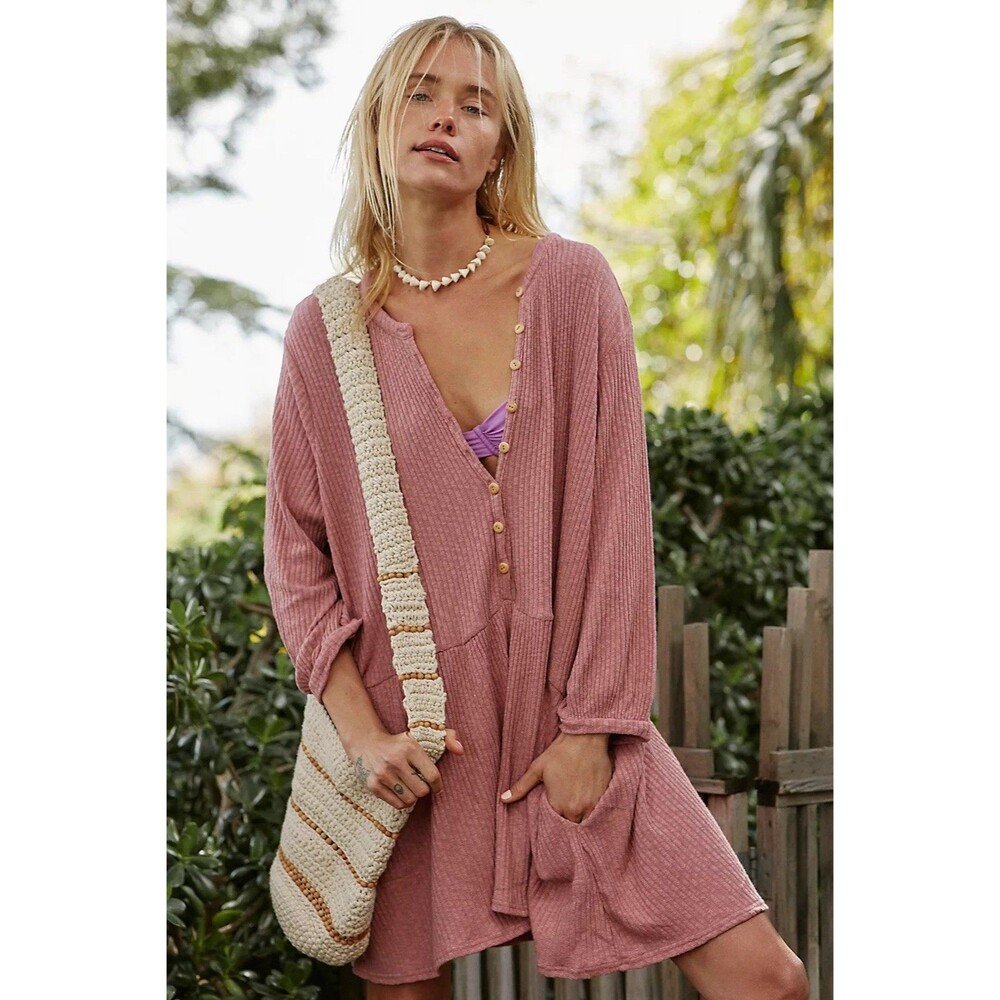 Free People Blossom Button-Up T-Shirt Dress Small Pink Lounge Boho FP Beach